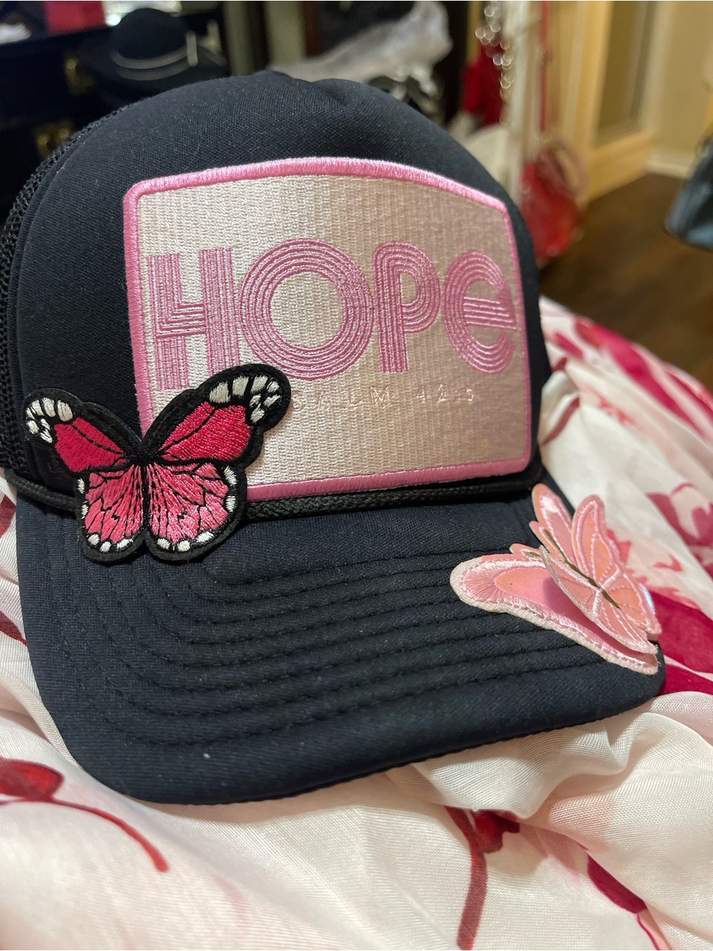 HOPE Psalm 42:5 Black & Pink 'Hope' Trucker Hat with Butterfly Appliqués